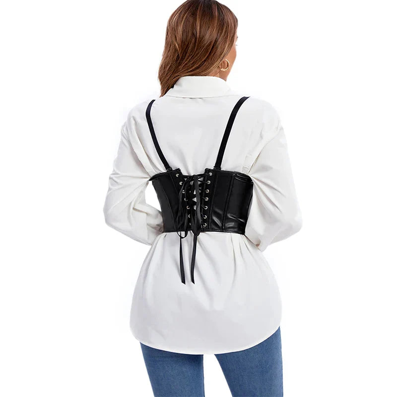 Plus Size Black Leather Corset Waist Trainer Vest With Strap 10 Plastic Bones S-6Xl - 5Xl 5