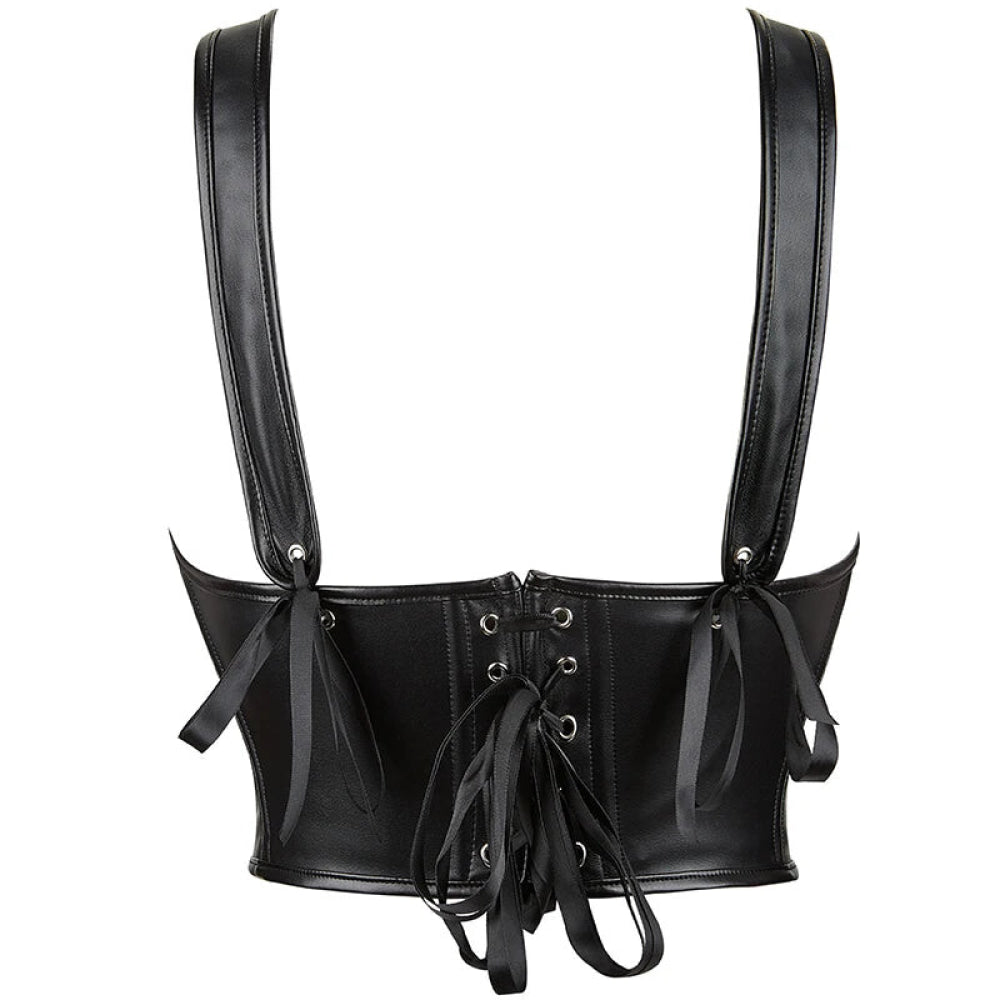 12-Bone Shoulder Strap Corset Crop Top Synthetic Leather Lacing Ribbon Bandaged Design Women - Xs 7