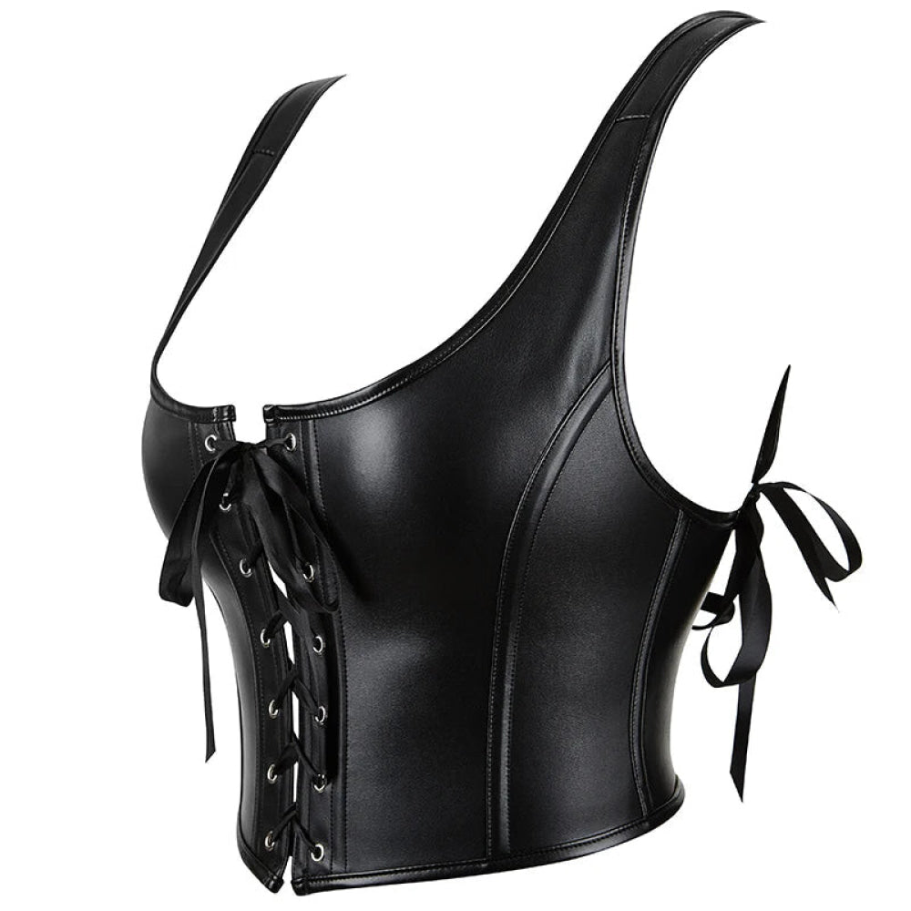 12-Bone Shoulder Strap Corset Crop Top Synthetic Leather Lacing Ribbon Bandaged Design Women - Xxl 8
