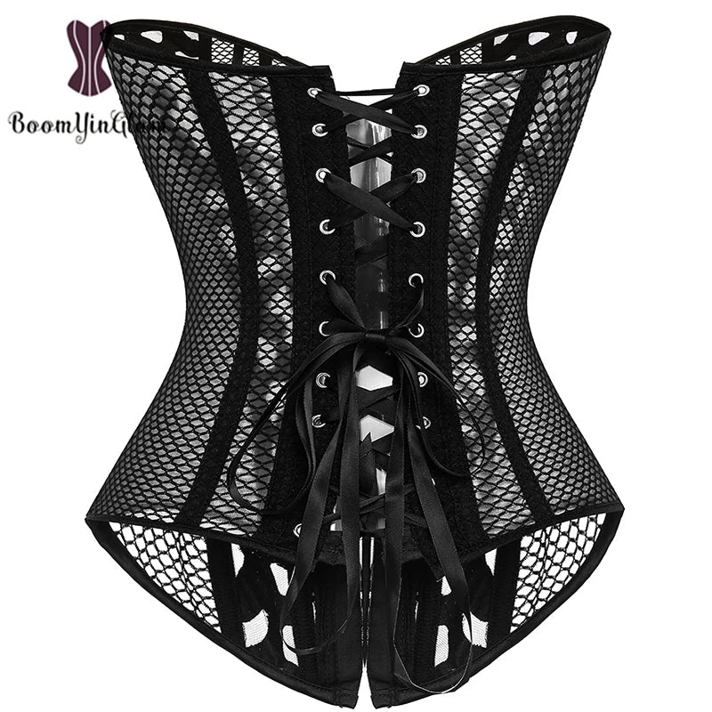 Mesh Net Corset Black White See Through Bustier For Alluring Slimming And Breathability - Black - Xxxl 5