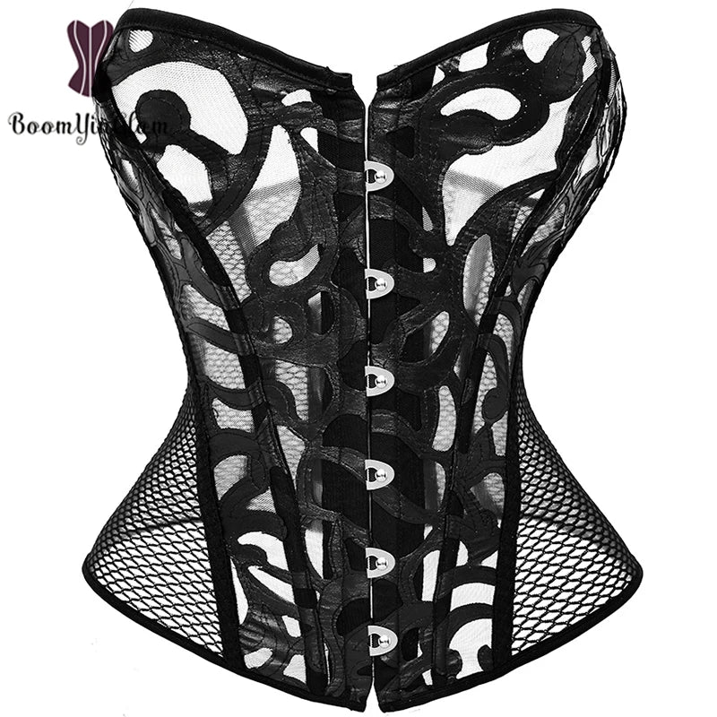 Mesh Net Corset Black White See Through Bustier For Alluring Slimming And Breathability - Black - 6Xl