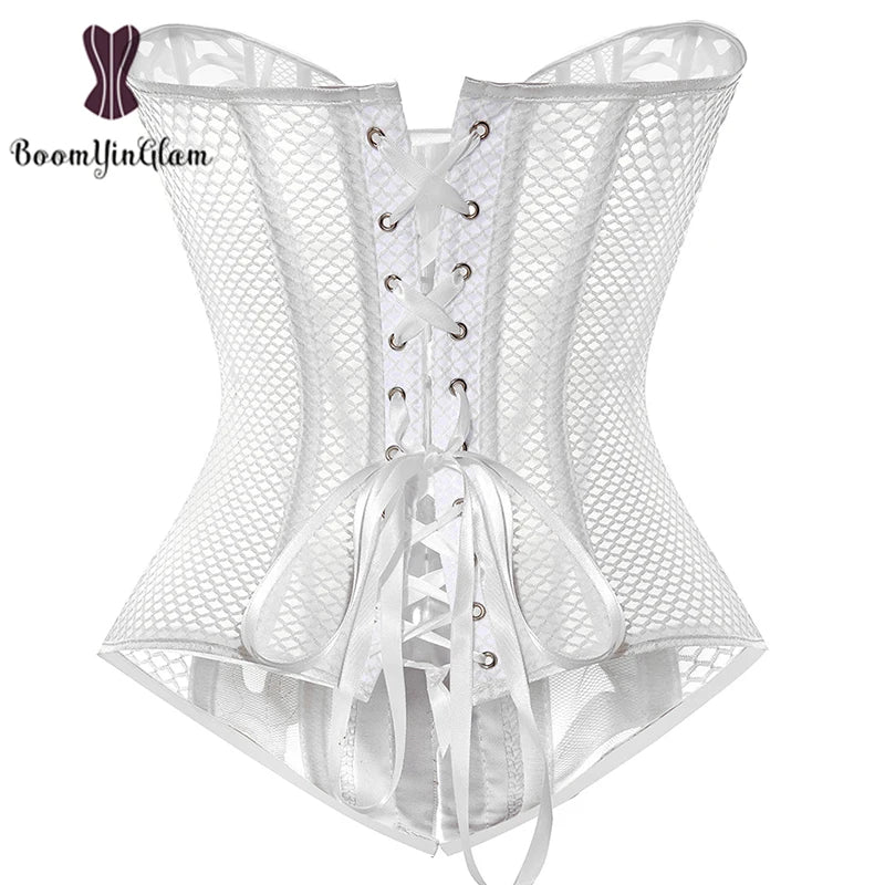 Mesh Net Corset Black White See Through Bustier For Alluring Slimming And Breathability - White - Xxxl 7