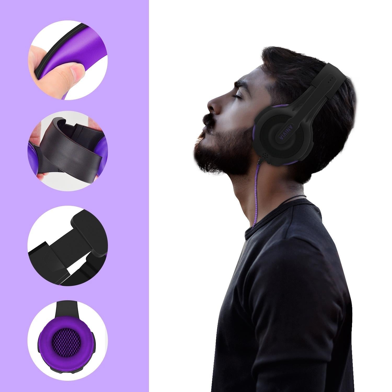 Retractable Mic Gaming Headset 3.5Mm Plug 2M Cable Black / Purple 6