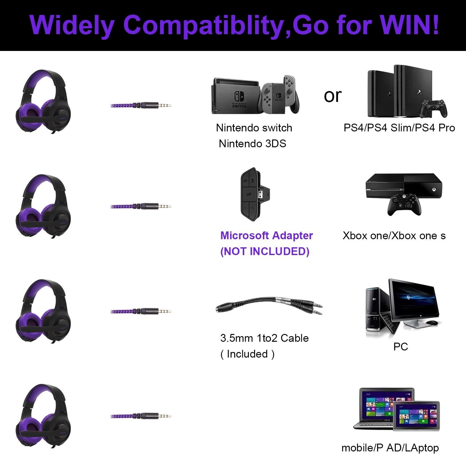Retractable Mic Gaming Headset 3.5Mm Plug 2M Cable Black / Purple 9