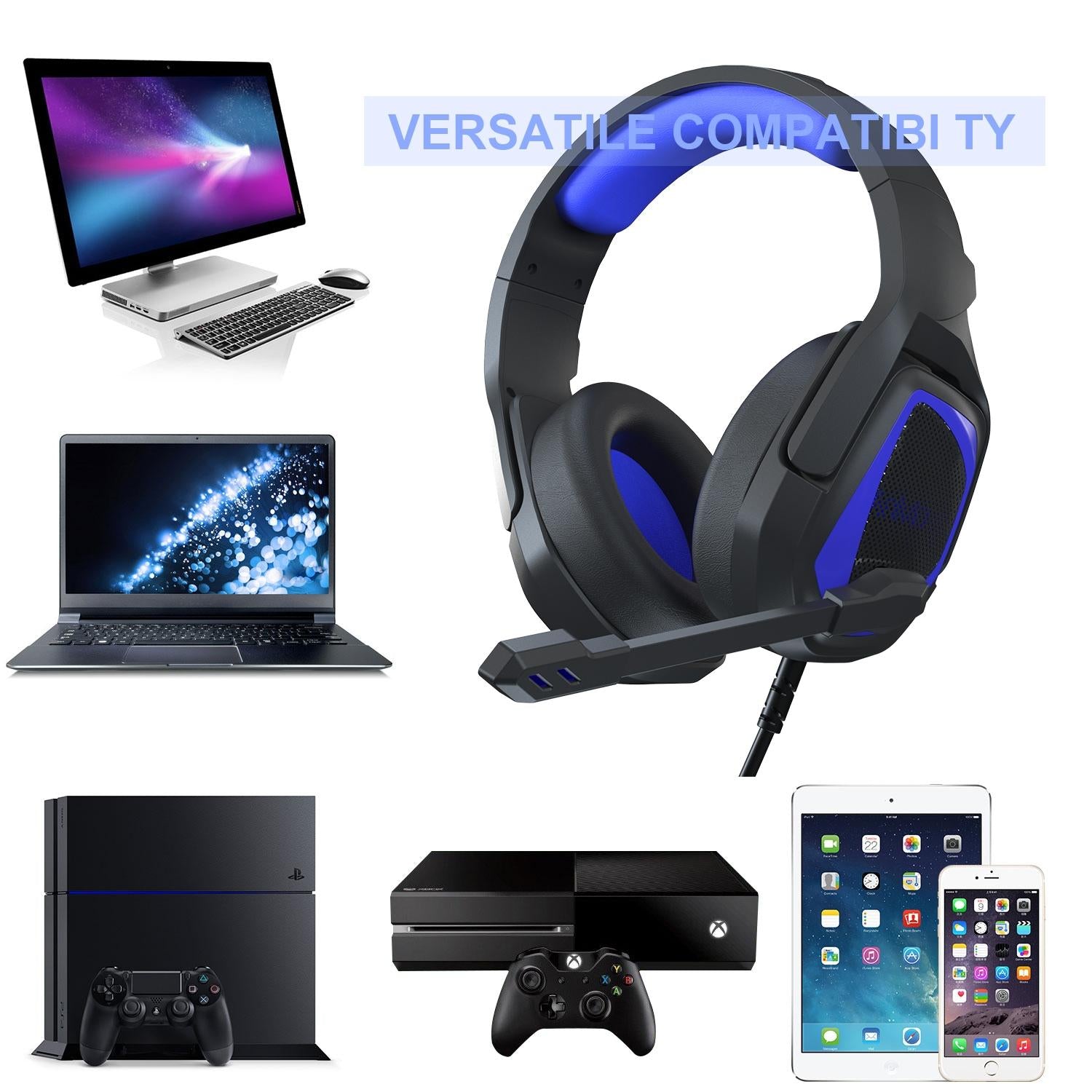 Retractable Mic Gaming Headset 3.5Mm Plug 2.2M Cable - Black Purple 12