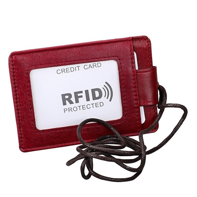 Leather Rfid Card Holder Lanyard - Compact & Secure - Red