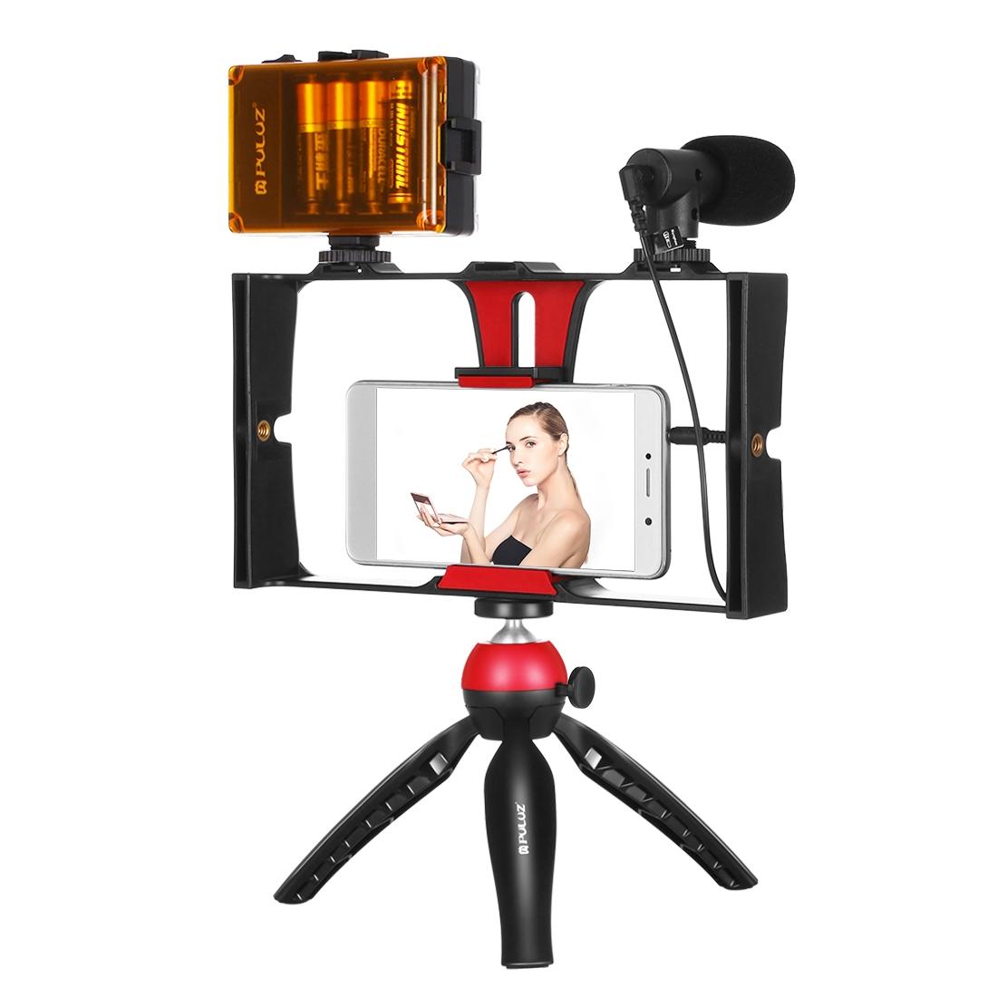 Live Broadcast Vlogging Kit With Led Light Microphone Tripod & Cold Shoe Head - Red 3