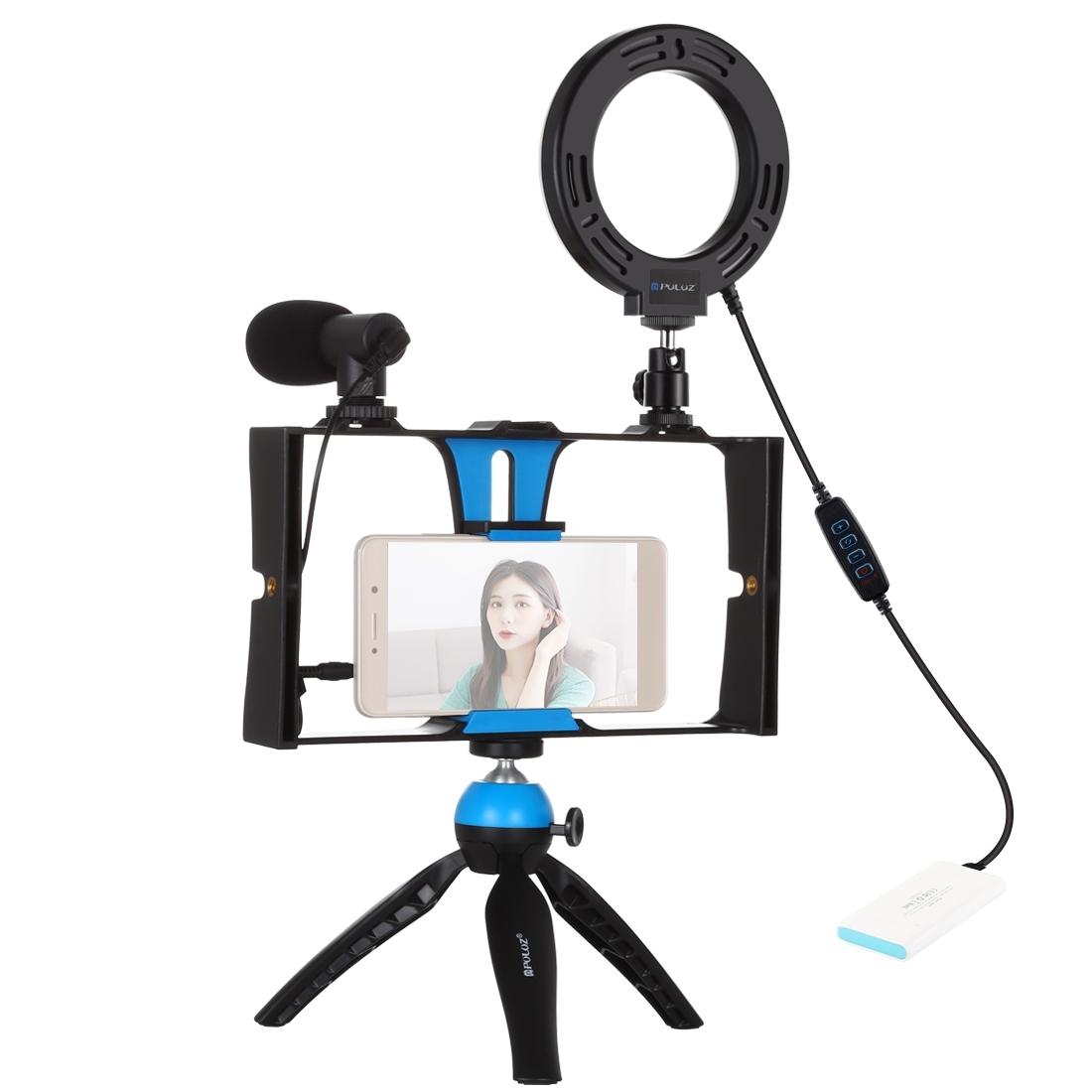 Vlogging Live Broadcast Smartphone Video Rig With Led Selfie Light Microphone Tripod Mount And Cold Shoe Head - Blue - Pkt3025R 3
