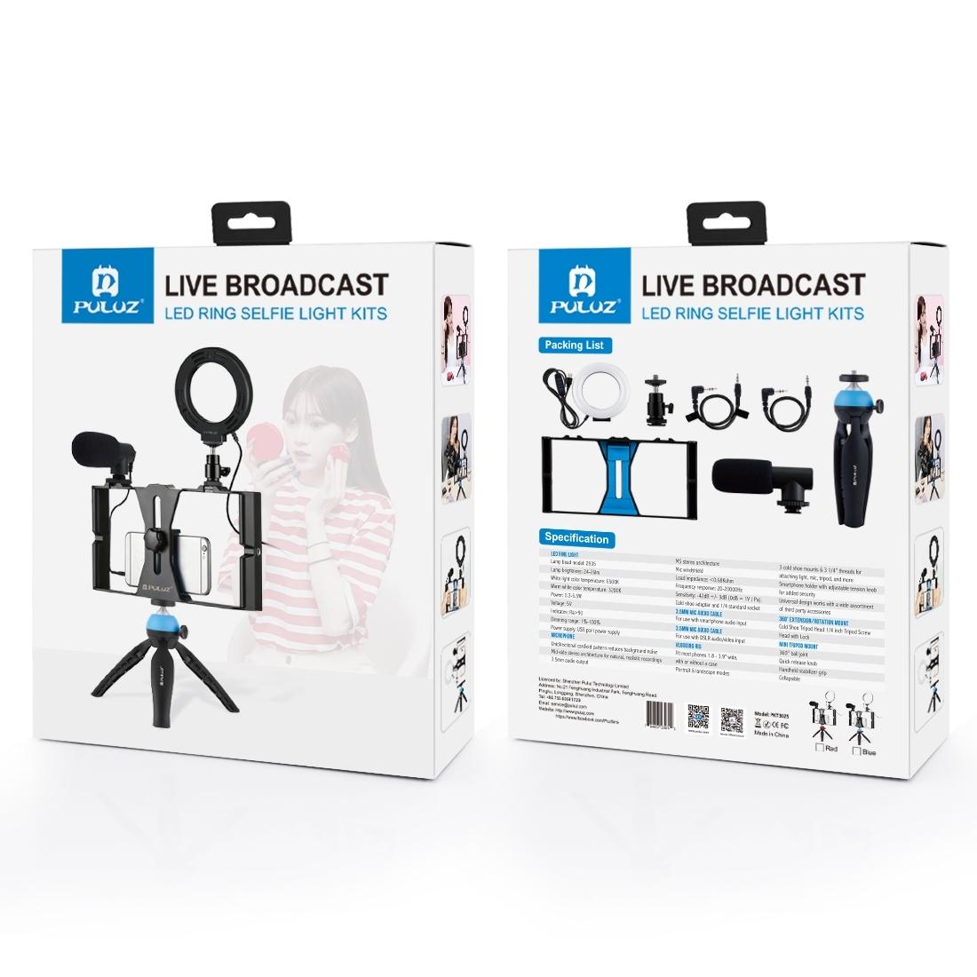 Vlogging Live Broadcast Smartphone Video Rig With Led Selfie Light Microphone Tripod Mount And Cold Shoe Head - Blue - Pkt3025R 5