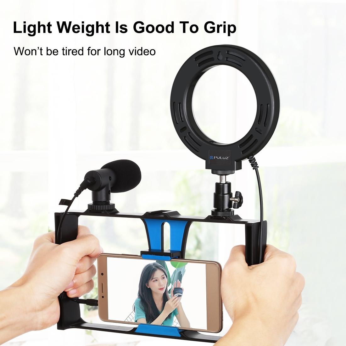Vlogging Live Broadcast Smartphone Video Rig With Led Selfie Light Microphone Tripod Mount And Cold Shoe Head - Blue - Pkt3025R 9