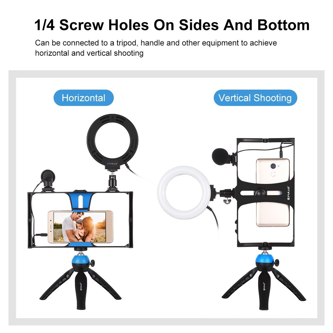 Vlogging Live Broadcast Smartphone Video Rig With Led Selfie Light Microphone Tripod Mount And Cold Shoe Head - Blue - Pkt3025R 10