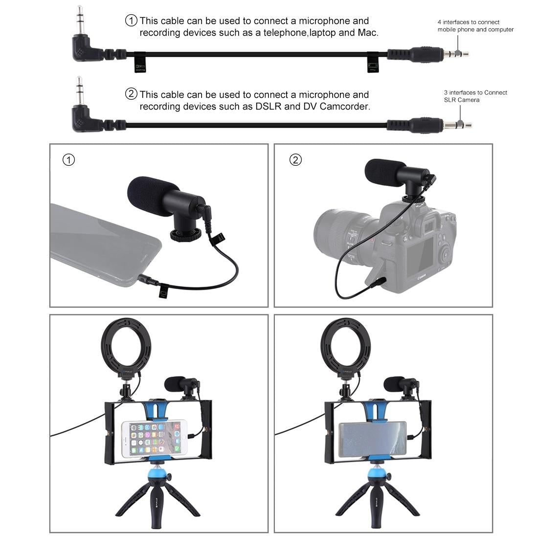Vlogging Live Broadcast Smartphone Video Rig With Led Selfie Light Microphone Tripod Mount And Cold Shoe Head - Blue - Pkt3025R 11