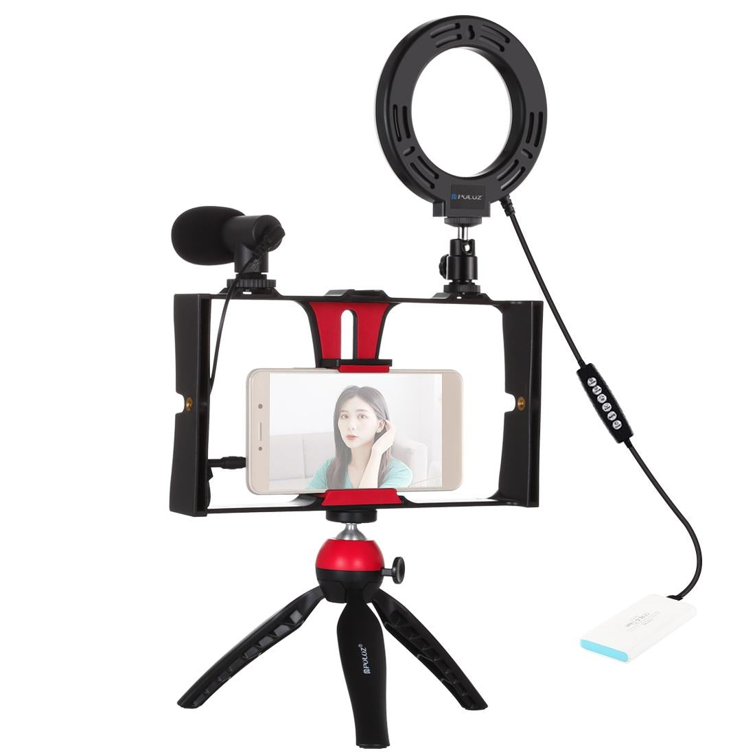 Vlogging Live Broadcast Smartphone Video Rig With 4.7 Inch Rgbw Ring Led Selfie Light Microphone And Pocket Tripod Mount Kit - Red 3