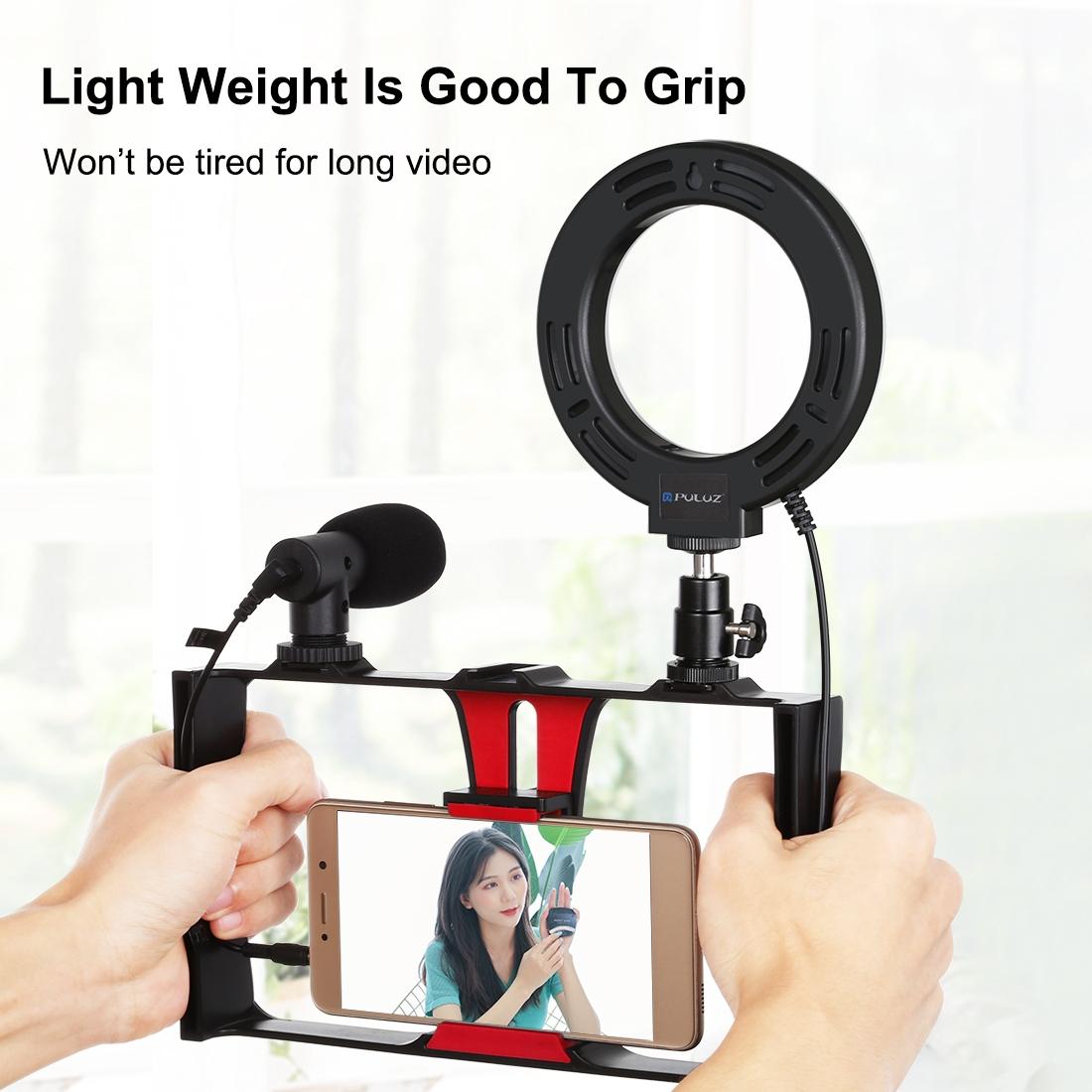 Vlogging Live Broadcast Smartphone Video Rig With 4.7 Inch Rgbw Ring Led Selfie Light Microphone And Pocket Tripod Mount Kit - Red 10
