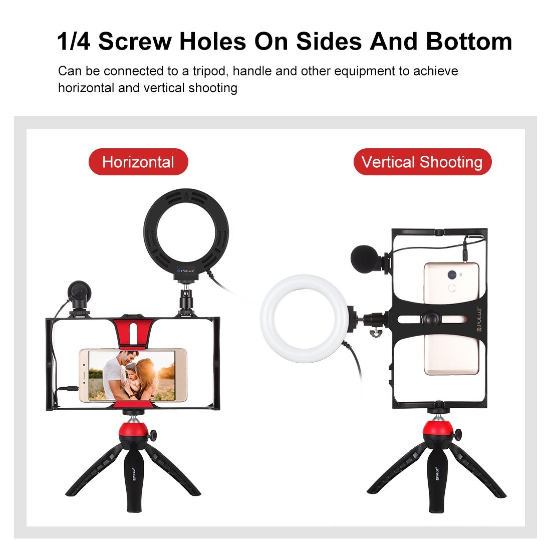 Vlogging Live Broadcast Smartphone Video Rig With 4.7 Inch Rgbw Ring Led Selfie Light Microphone And Pocket Tripod Mount Kit - Red 11