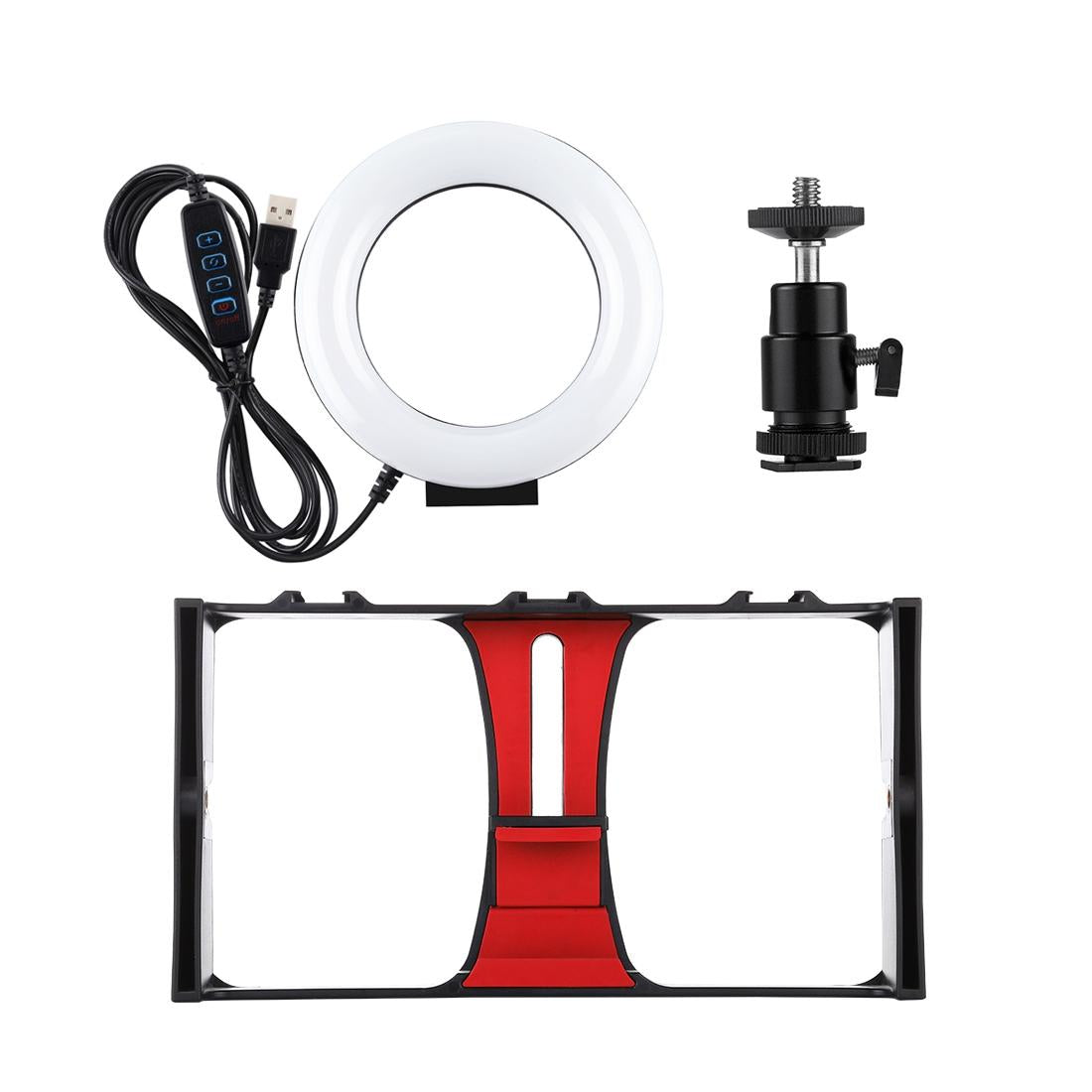 Vlogging Live Broadcast Smartphone Video Rig With 4.7 Inch Ring Led Selfie Light Kit And Cold Shoe Tripod Head - Red 4