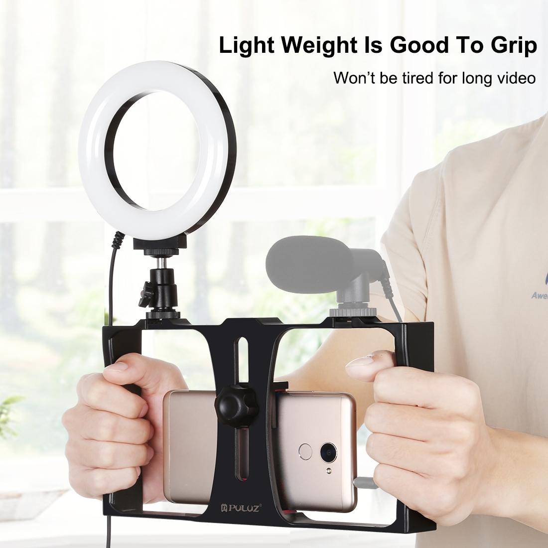 Vlogging Live Broadcast Smartphone Video Rig With 4.7 Inch Ring Led Selfie Light Kit And Cold Shoe Tripod Head - Red 9