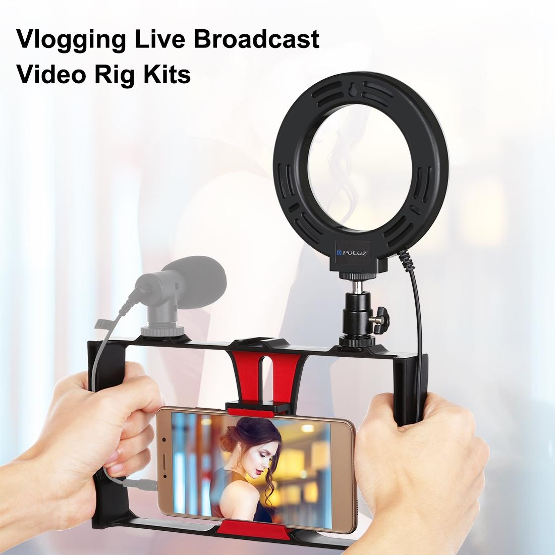 Vlogging Live Broadcast Smartphone Video Rig With 4.7 Inch Ring Led Selfie Light Kit And Cold Shoe Tripod Head - Red 10