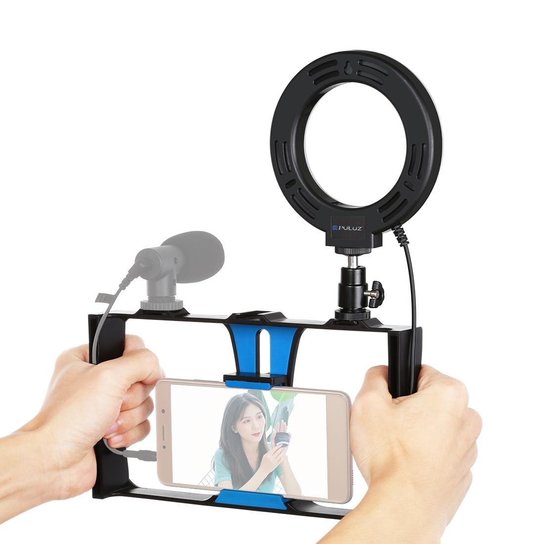 Vlogging Live Broadcast Smartphone Video Rig With 4.7 Inch Ring Led Selfie Light Kit And Cold Shoe Tripod Head - Red 15