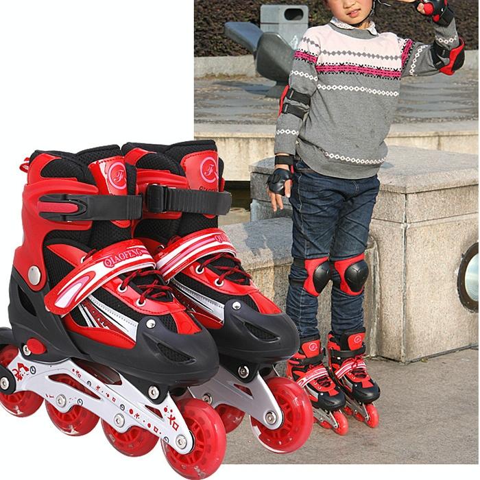Flash Straight Row Roller Skating Shoes Suit for Children and Adults - Size l - Red 13
