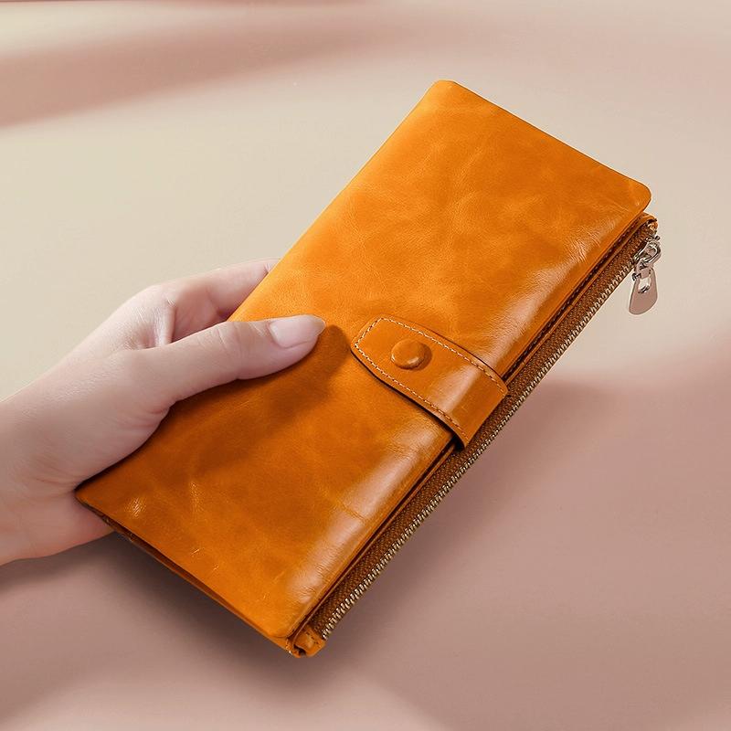 Oilskin Leather Rfid Zip Wallet - Brown - Red 5