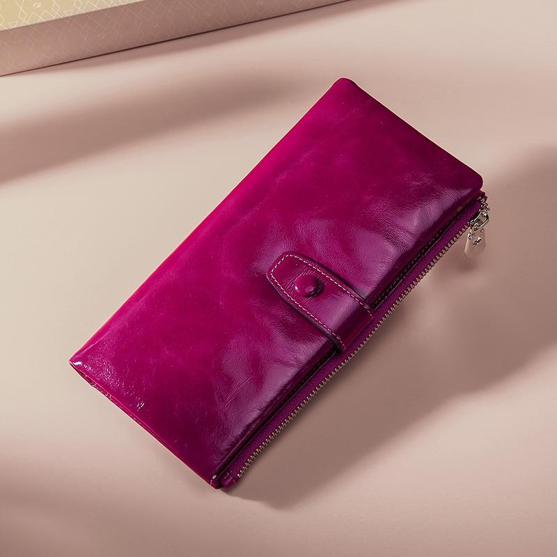 Oilskin Leather Rfid Zip Wallet - Brown - Rose Red 8