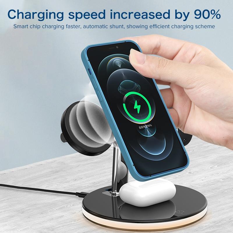 15W 3 In 1 Magnetic Wireless Charger For Phones Watches And Airpods With Led Light - White 4