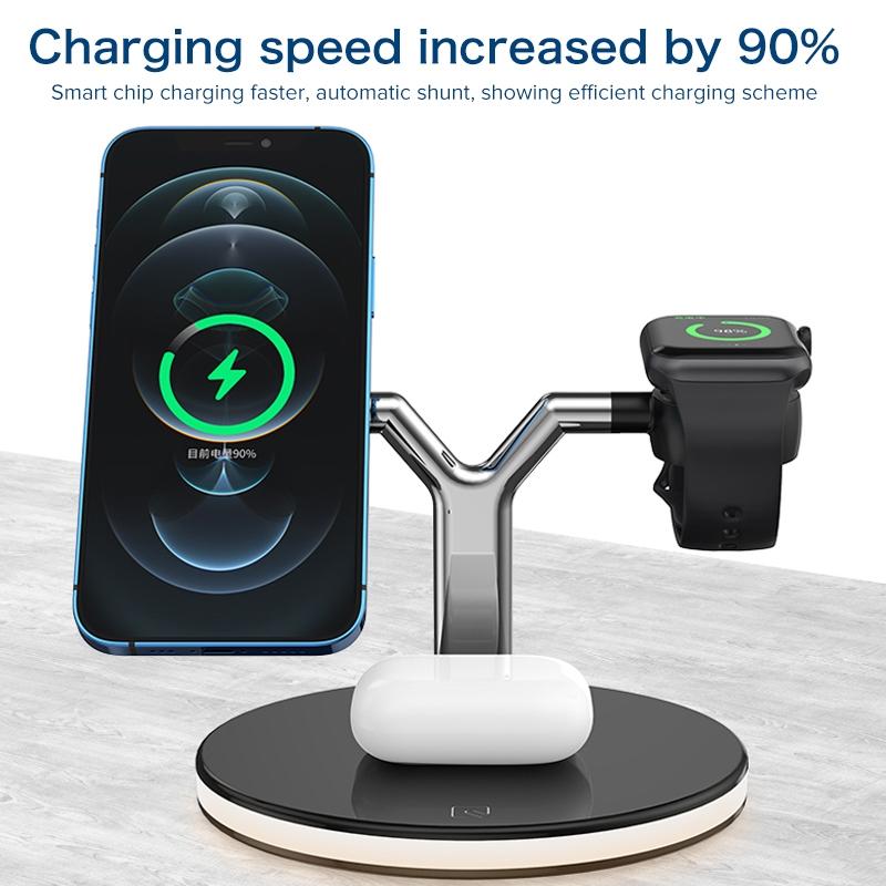 15W 3 In 1 Magnetic Wireless Charger For Phones Watches And Airpods With Led Light - White 5