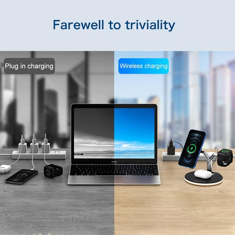 15W 3 In 1 Magnetic Wireless Charger For Phones Watches And Airpods With Led Light - White 6