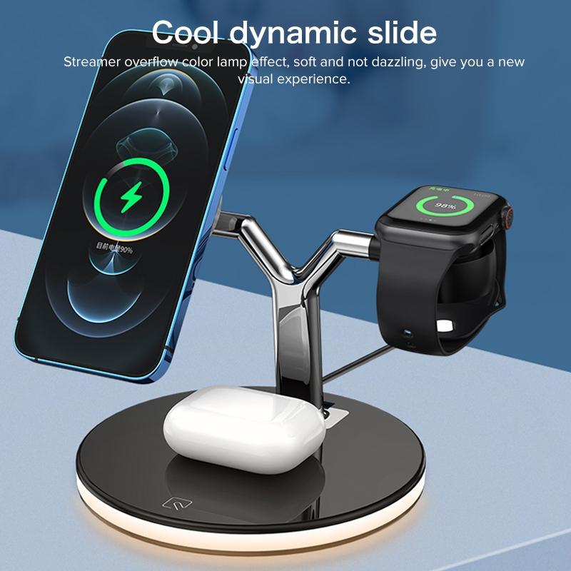 15W 3 In 1 Magnetic Wireless Charger For Phones Watches And Airpods With Led Light - White 7