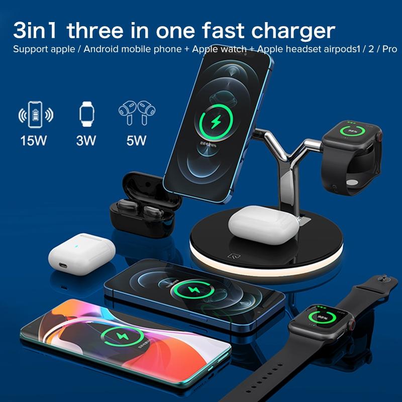 15W 3 In 1 Magnetic Wireless Charger For Phones Watches And Airpods With Led Light - White 9