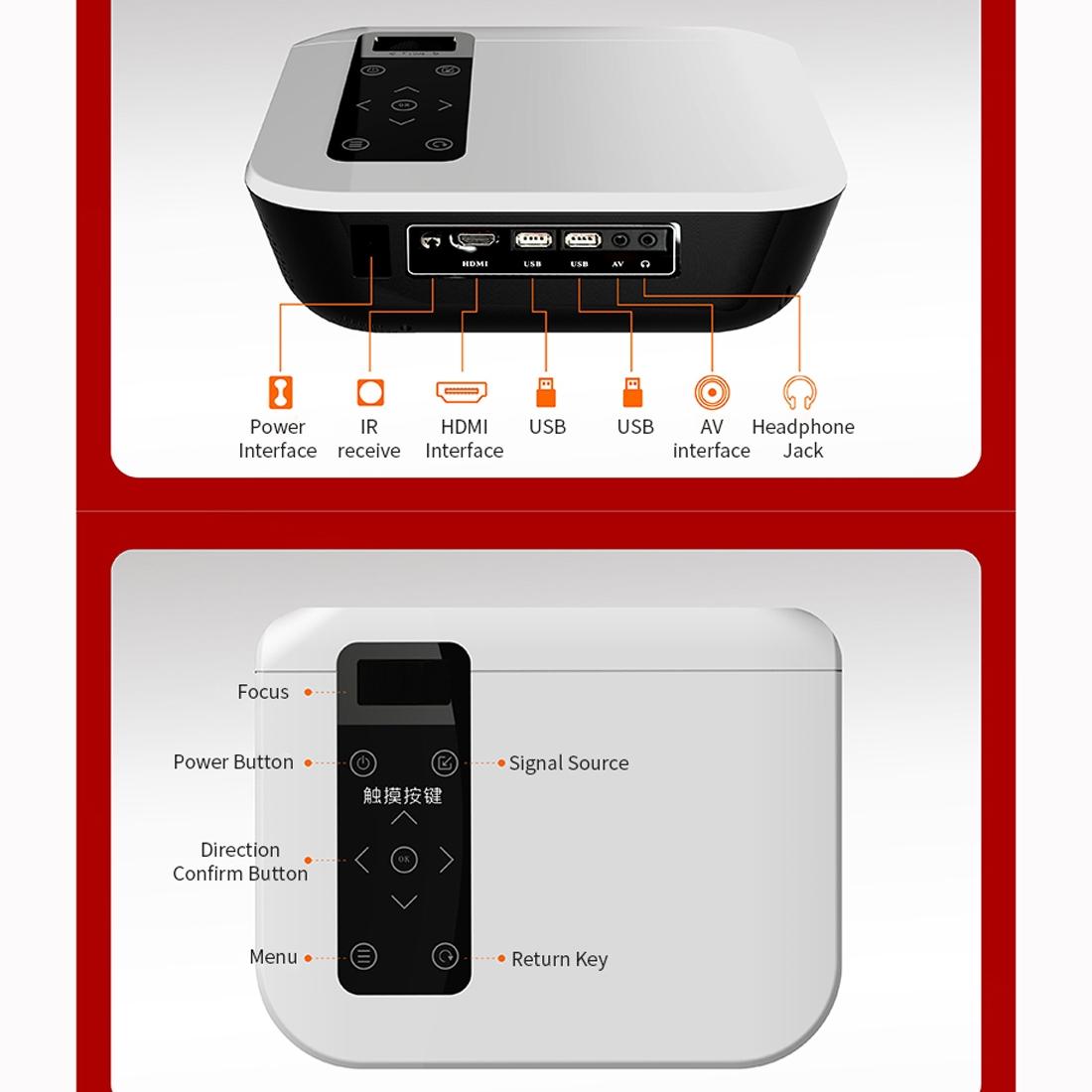 1080P Mini Led Projector Hdmi Av Vga Usb Tf Mobile Phone Compatible White 4