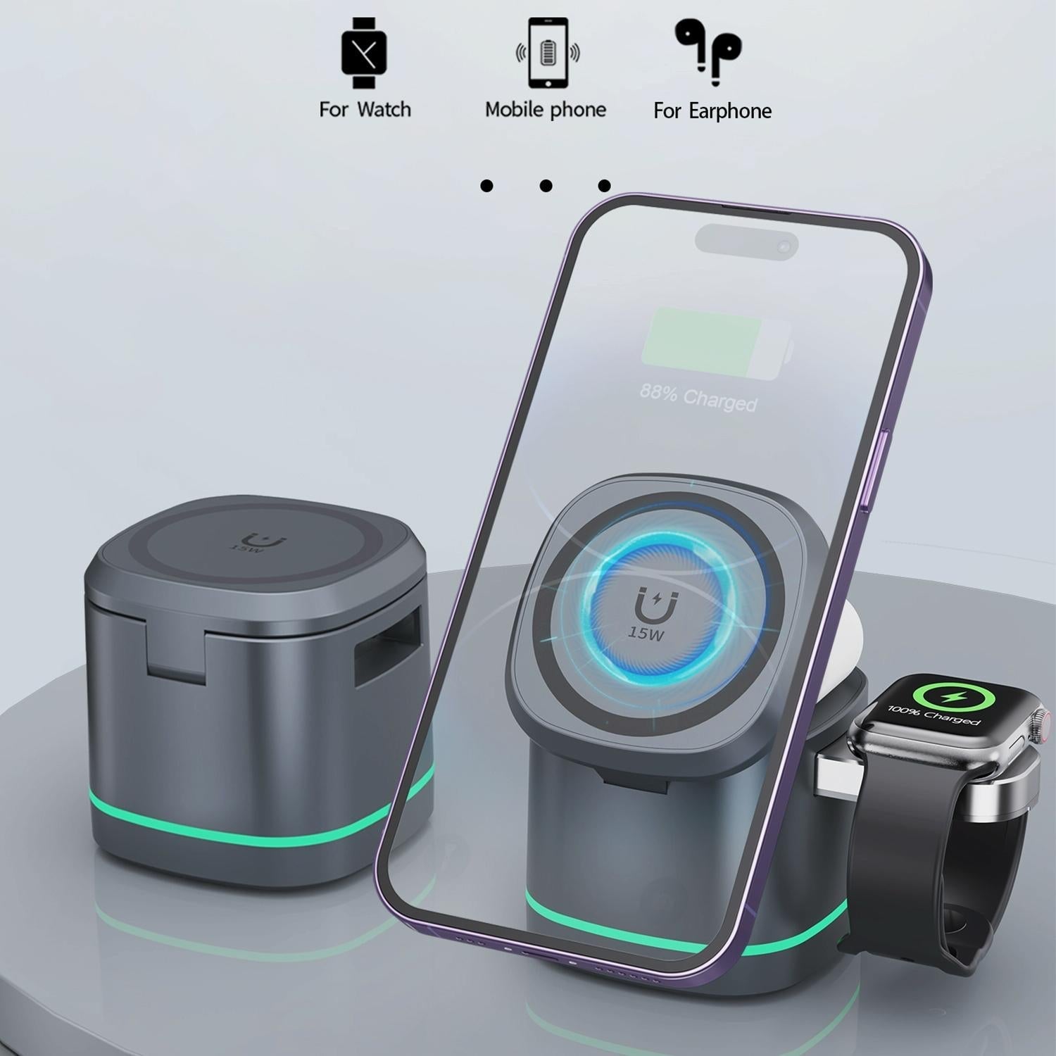 15W 3 In 1 Magnetic Wireless Charger - White 6