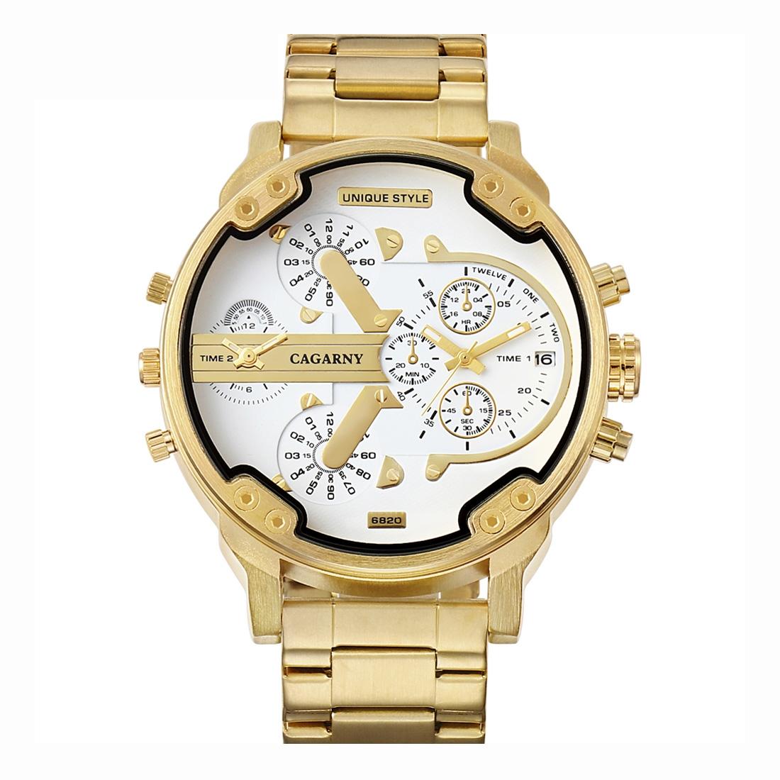 Stylish Dual Movement Men Watch with Large Dial and Stainless Steel Band - Gold / Black - Gold + White
