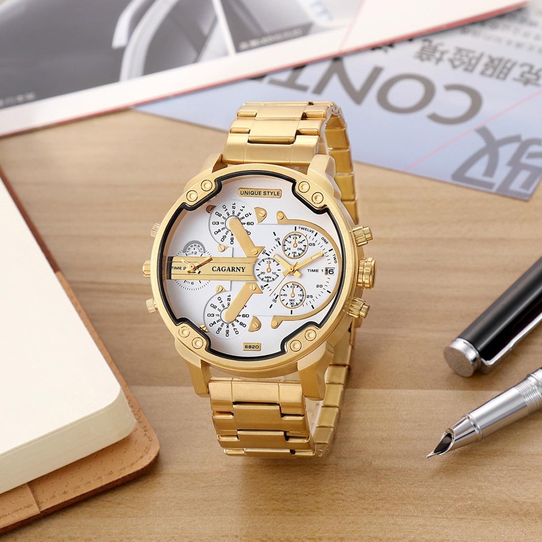 Stylish Dual Movement Men Watch with Large Dial and Stainless Steel Band - Gold / Black - Gold + White 4