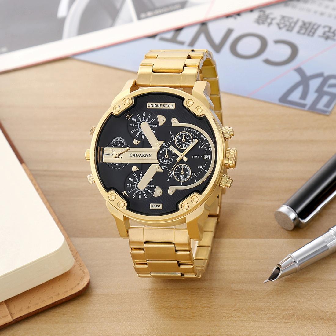 Stylish Dual Movement Men Watch with Large Dial and Stainless Steel Band - Gold / Black - Gold + White 9