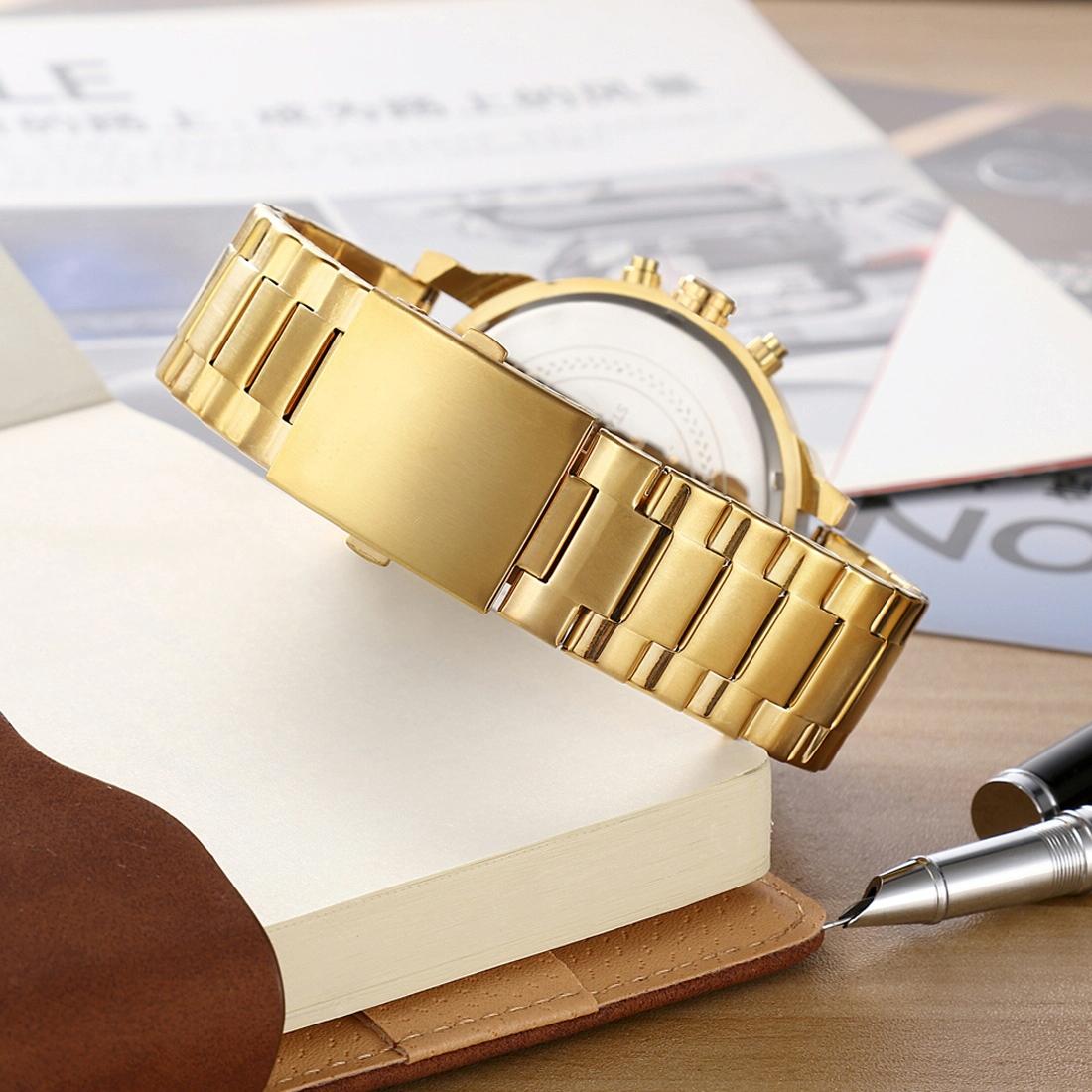 Stylish Dual Movement Men Watch with Large Dial and Stainless Steel Band - Gold / Black - Gold + White 10
