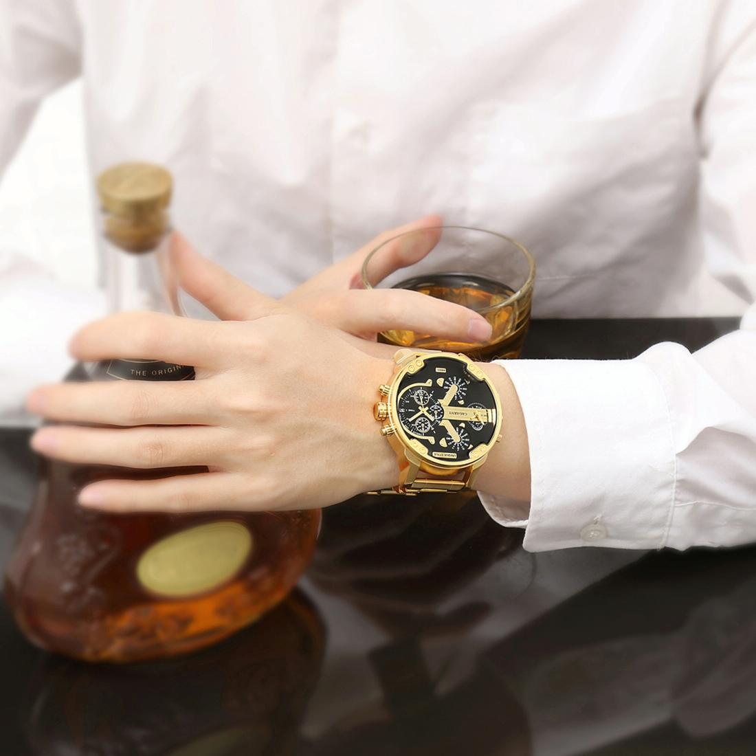 Stylish Dual Movement Men Watch with Large Dial and Stainless Steel Band - Gold / Black - Gold + White 12