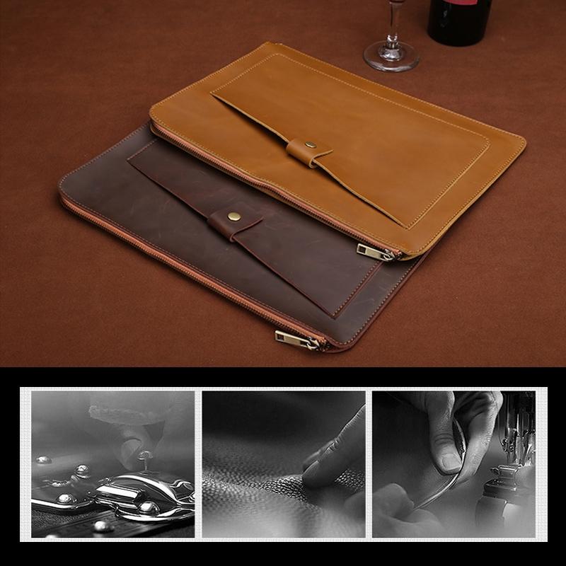 Premium Leather Business Laptop Bag With Zipper - Universal Fit - Brown 6