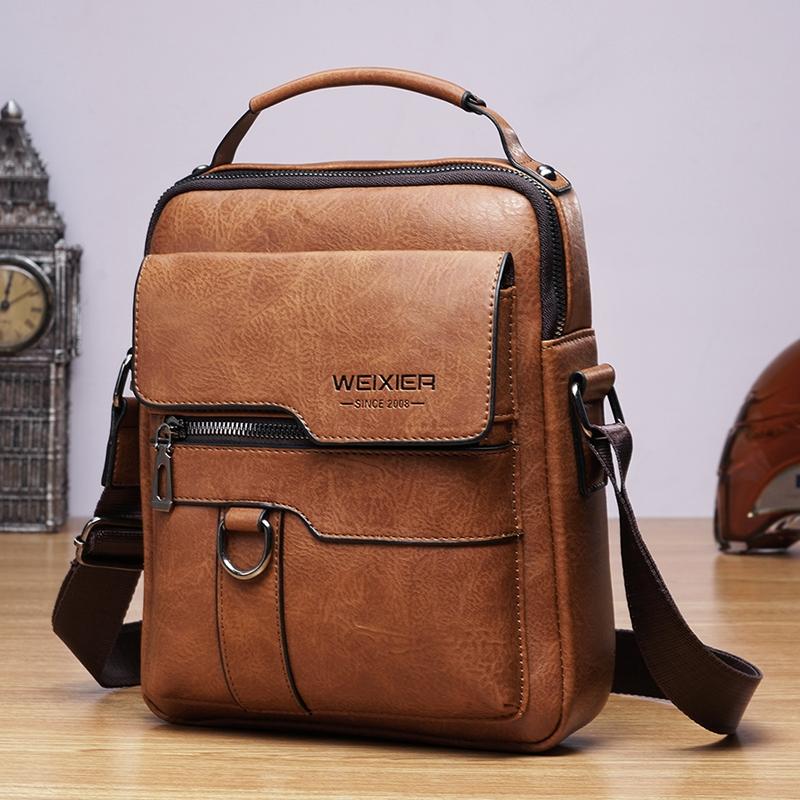 Men Retro Pu Leather Crossbody Bag Business Handbag With Multiple Compartments - Brown