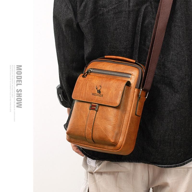 Retro Pu Leather Men Crossbody Bag Large Capacity Business Handbag - Light Brown 10