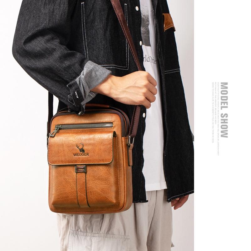 Retro Pu Leather Men Crossbody Bag Large Capacity Business Handbag - Dark Brown 9