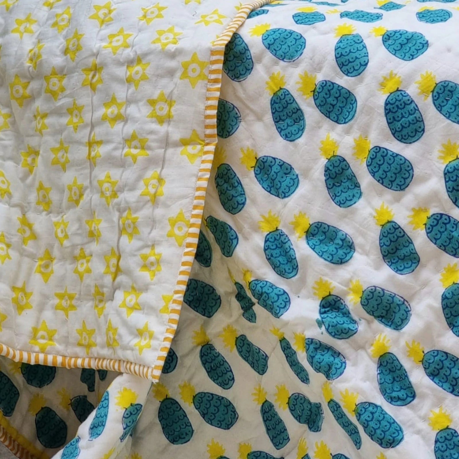GOTS Certified Organic Cotton Reversible Baby Quilt (100x120cm) - Blue Pineapple 3