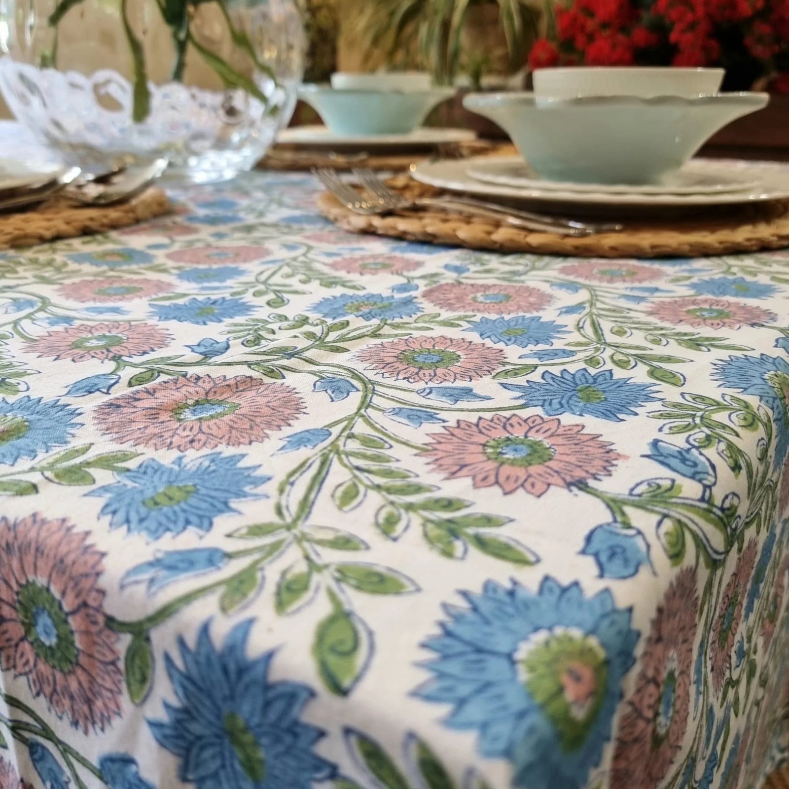Kolka Kumudani Hand Block-Printed Tablecloth - Pink 4