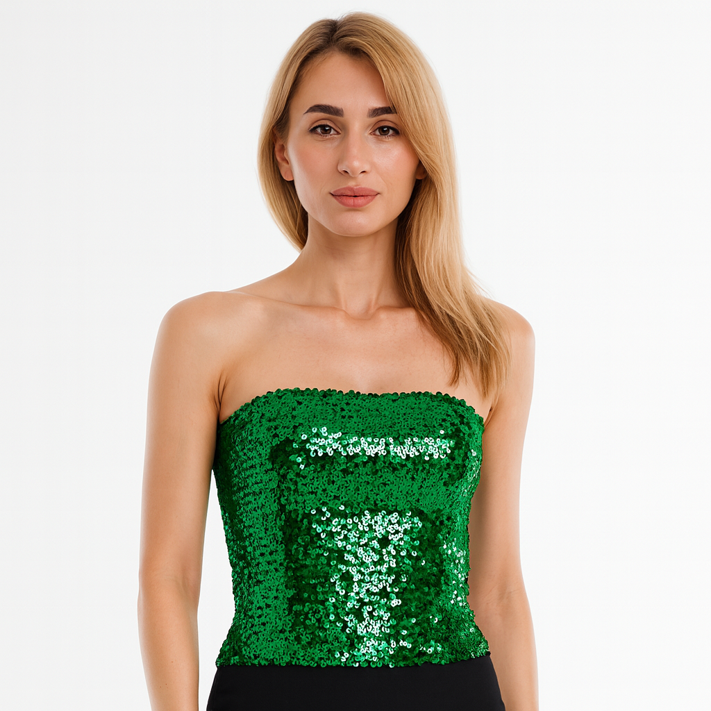 Womens SEQUIN BANDEAU CROP TOP Sparkling Sparkly Costume Tube - Green