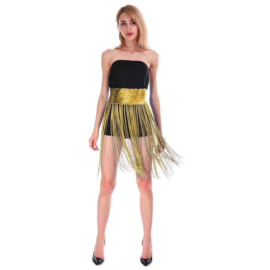 Sequin Belt w/Fringe Skirt Belly Dance Dancer Costume Party - Gold/Yellow 3