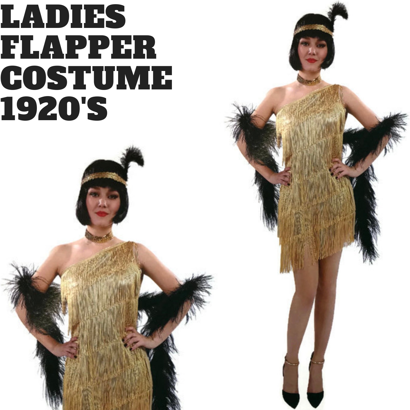Ladies Flapper Costume Charleston Gatsby Chicago Fancy Dress Party 1920s 20s - Gold 3
