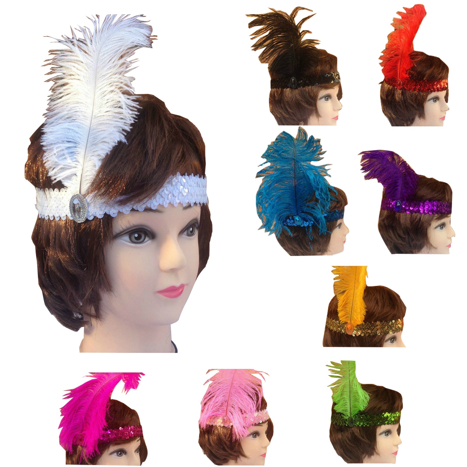 12x 1920s FLAPPER HEADBAND Headpiece Feather Sequin Charleston Gatsby Party BULK - Assorted Colours Pack 3