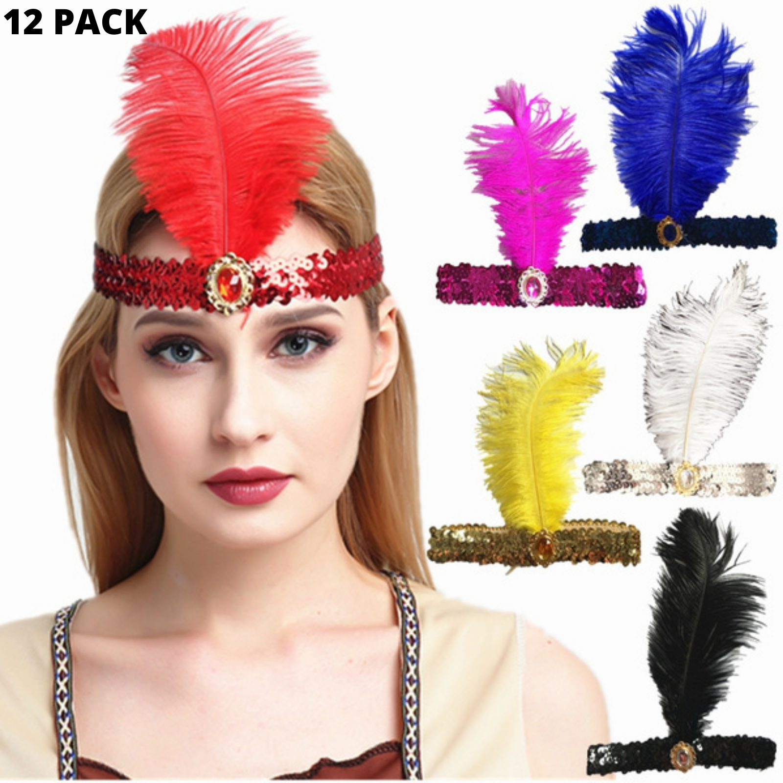 12x 1920s FLAPPER HEADBAND Headpiece Feather Sequin Charleston Gatsby Party BULK - Assorted Colours Pack 4