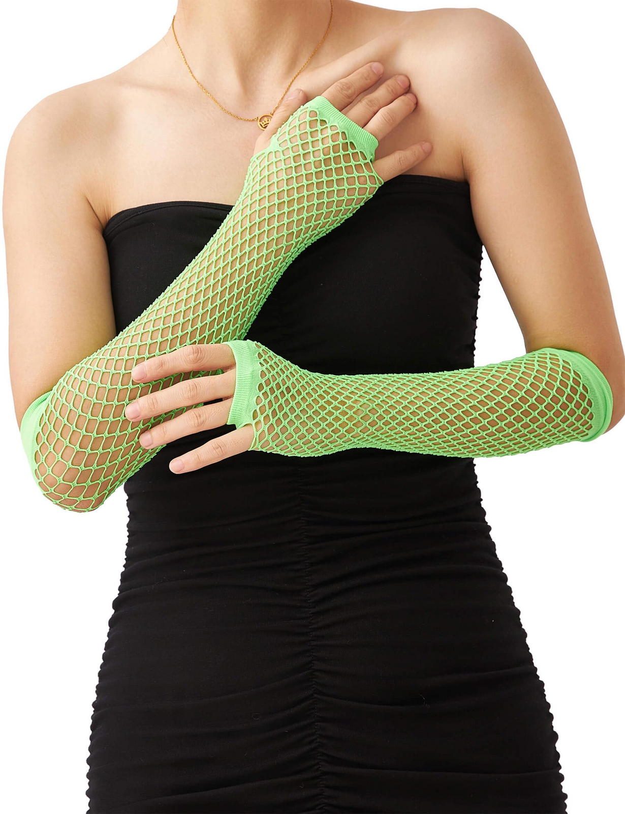 12x Long Elbow Length Fishnet Gloves Fingerless 70s 80s Womens Costume Party Bulk in Fluro Green 4